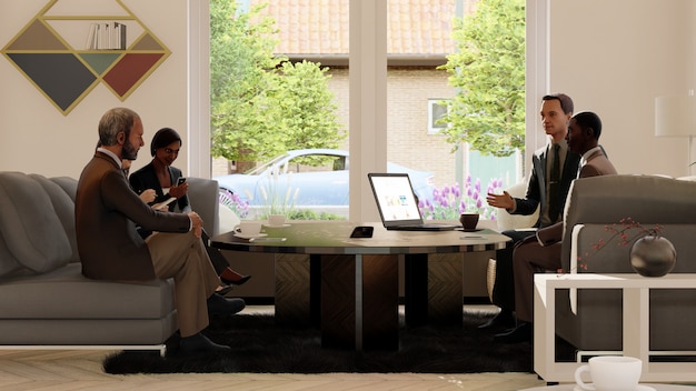 A modern office setting where a financial advisor is presenting a detailed estate plan on a large touchscreen to a couple. The atmosphere is professional, with charts and financial projections visible on the screen, helping the couple visualize their financial future.