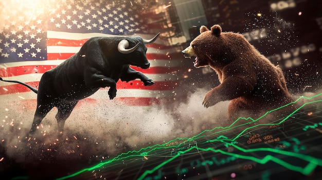 A split-screen image showing a bull and bear facing each other, symbolizing opposing market forces. Arrows indicate potential gains for the bull and potential losses for the bear, and vice-versa, overlaid by inverse ETF tickers.