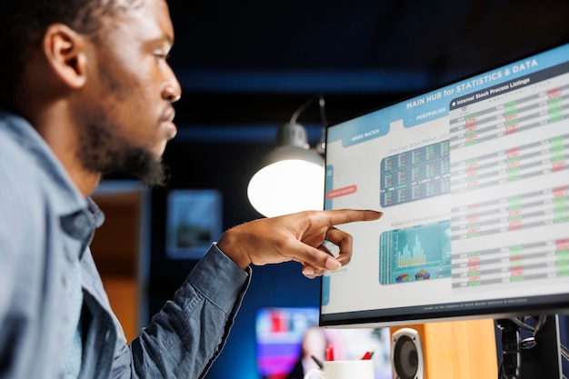An analyst studying multiple computer screens displaying financial data, stock charts, and news feeds, focusing intently on identifying growth trends and investment opportunities in real-time.