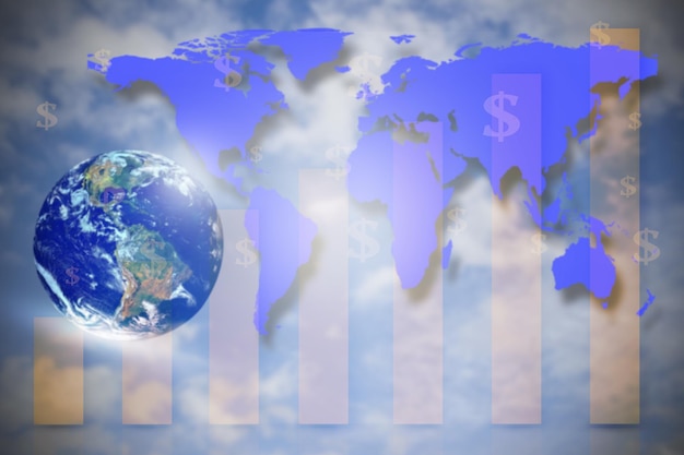 A graph showing economic growth trends, with lines indicating different sectors and their performance over time, set against a global map background.