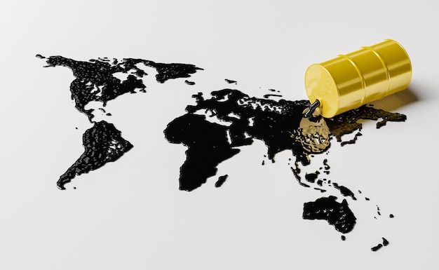 A global map highlighting regions experiencing geopolitical tensions with crude oil derricks in the foreground, symbolizing the impact of geopolitical issues on oil production and prices.