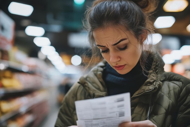 A close-up photo of a person frowning while looking at a shopping bill or receipt, with a calculator and a pen visible in the background, suggesting concerns about overspending or financial constraints.