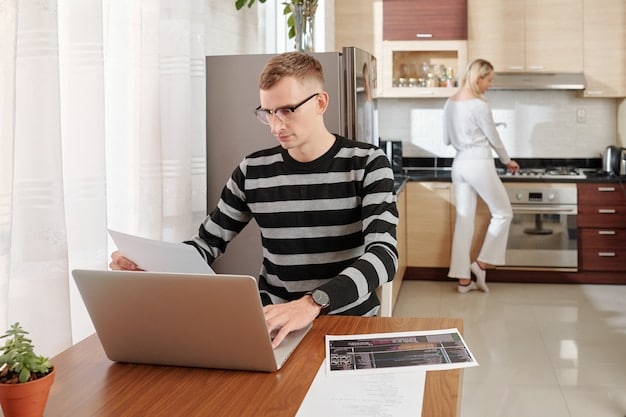 An image showing a person working on a laptop at home, surrounded by financial documents and a calculator. The image should represent the idea of actively managing and protecting one's personal budget.