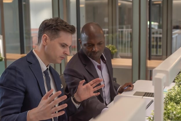 A stock photo depicting a diverse group of business professionals in a modern office setting, discussing financial data on a large screen, with expressions of concern and determination.