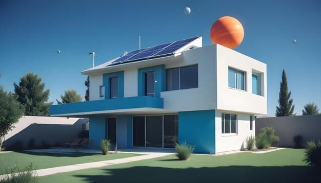 A modern home with solar panels on the roof, set against a bright blue sky, representing the Residential Clean Energy Credit.