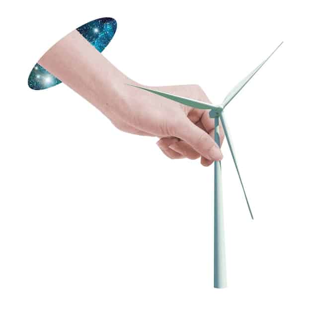 A split-screen image. On one side, a hand places a miniature wind turbine on a stack of money, symbolizing renewable energy investments. On the other side, a hand places a graduation cap on another stack of money, representing educational savings. The background shows a blurred image of a tax form.