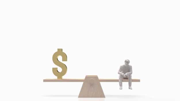 A seesaw with a bag of money on one side and a caution sign on the other, representing the balance between returns and risks in investing.