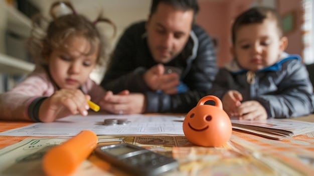 A close-up of a family budget spreadsheet highlighting childcare expenses and potential savings from a Dependent Care FSA, with a calculator in the background.