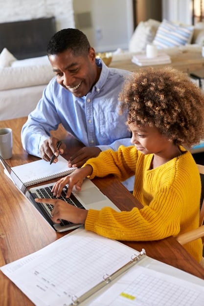 A parent filling out an online form for their Dependent Care FSA enrollment on a laptop, with a calculator and family photo nearby. The scene represents careful planning and financial responsibility.
