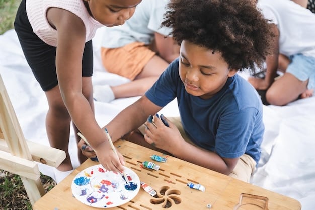 A diverse group of children engaged in various activities at a summer camp, such as painting, playing sports, and building with blocks. The scene conveys active and enriching childcare.