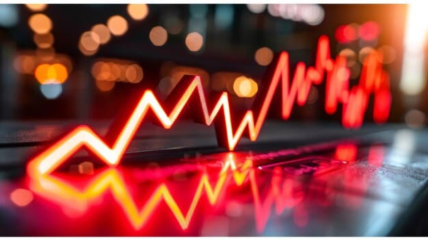 A graph showing a sharp decline in stock market values, with a red line plummeting downwards. The background features blurred financial news tickers, suggesting a sense of crisis and urgency.