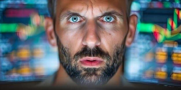 A split image: On one side, a worried investor watching a stock ticker, and on the other side, a confident figure representing the Federal Reserve, symbolizing the tension between market uncertainty and central bank control.